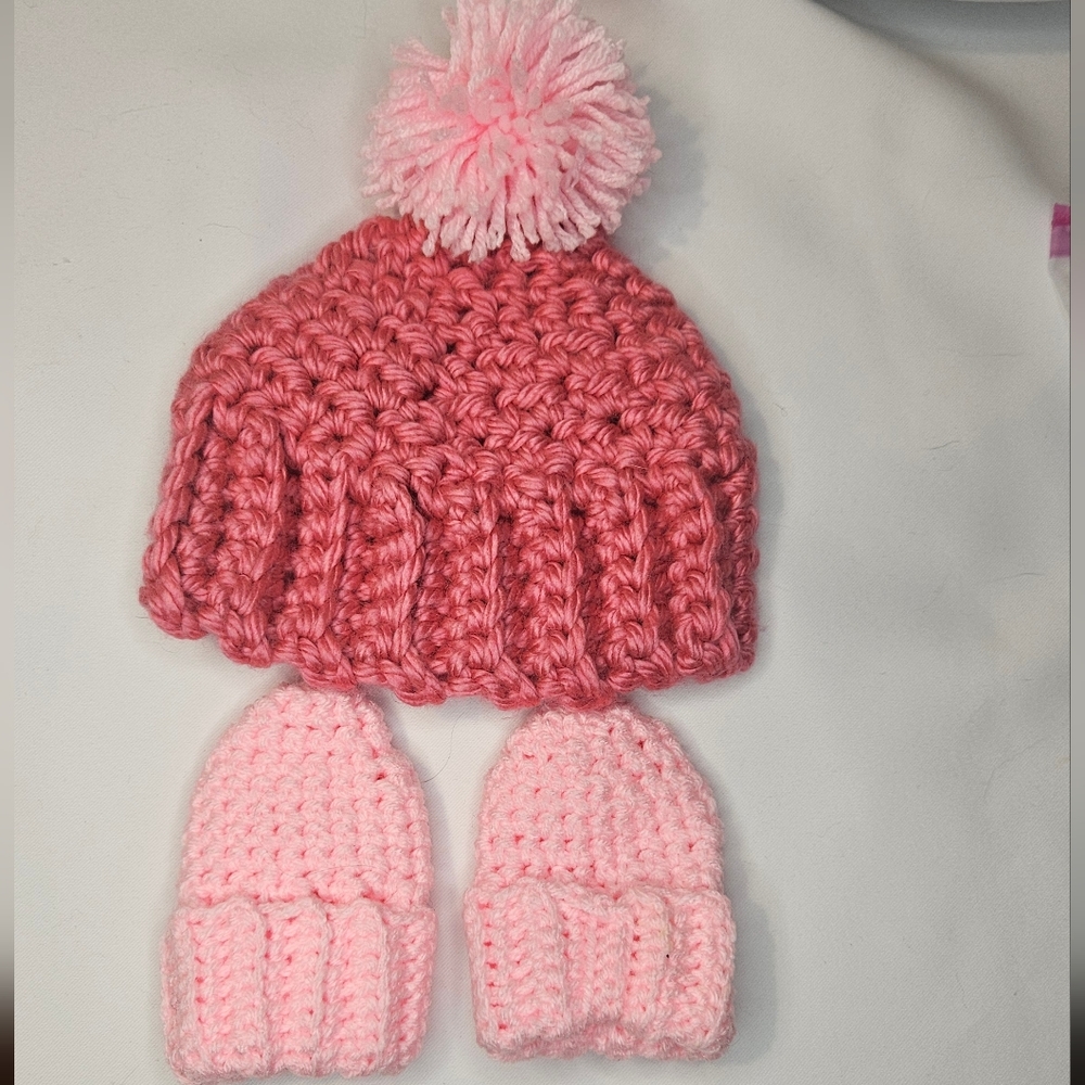 Infant Pink Crochet Hat and Mittens Set